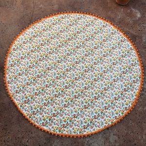 Vintage Floral Tablecloth Orange Pom Pom Fringe